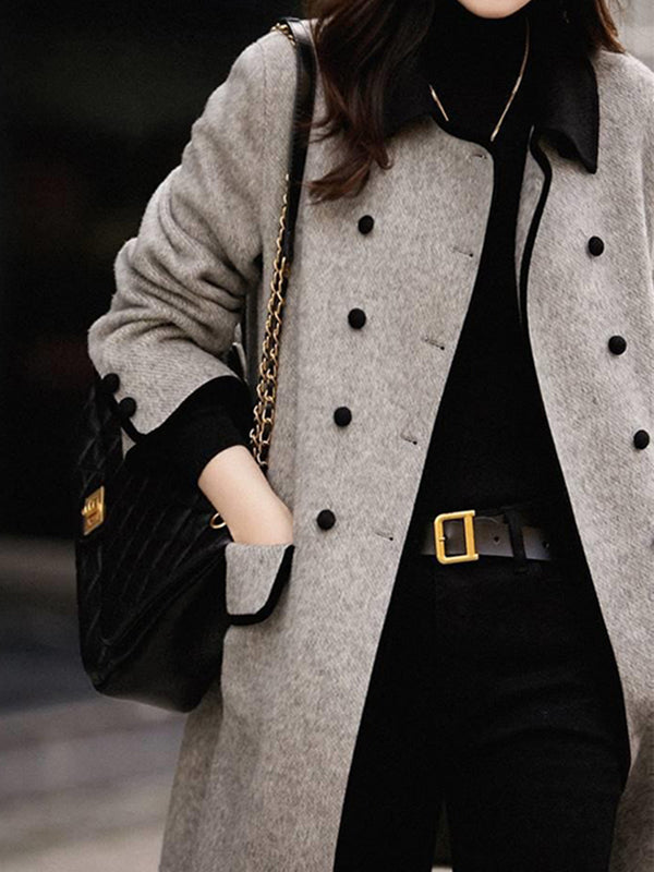 Long Sleeves Loose Buttoned Pockets Split-Joint Lapel Woolen Coat