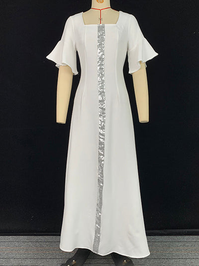 A-Line Flared Sleeves Shiny Solid Color Split-Joint Square-Neck Maxi Dresses