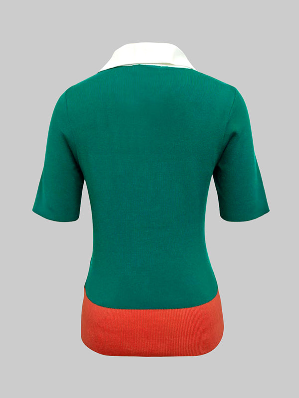 Short Sleeves Skinny Buttoned Contrast Color Lapel Polo-Style T-Shirts Tops