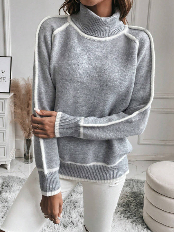 Long Sleeves Loose Contrast Color Split-Joint High Neck Sweater Tops