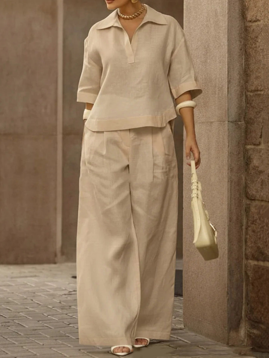 Solid Color Half Sleeves Lapel Blouses&Shirts Tops +  High Waisted Pleated Trousers Pants Two Pieces Set