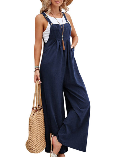 Loose Plus Size Pleated Split-Joint Square-Neck Overalls