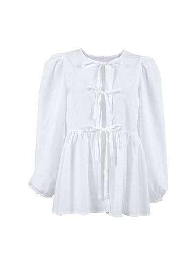 Long Sleeves Loose Elasticity Solid Color Split-Joint Tied Round-Neck Blouses&Shirts Tops