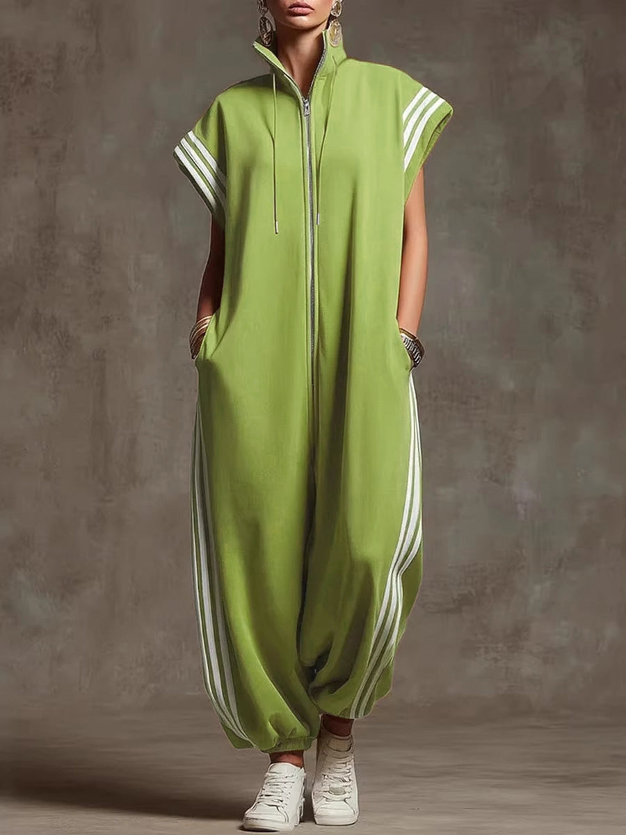 Loose Plus Size Contrast Color Pockets Split-Joint Striped Zipper Stand Collar Jumpsuits Ninth Pants
