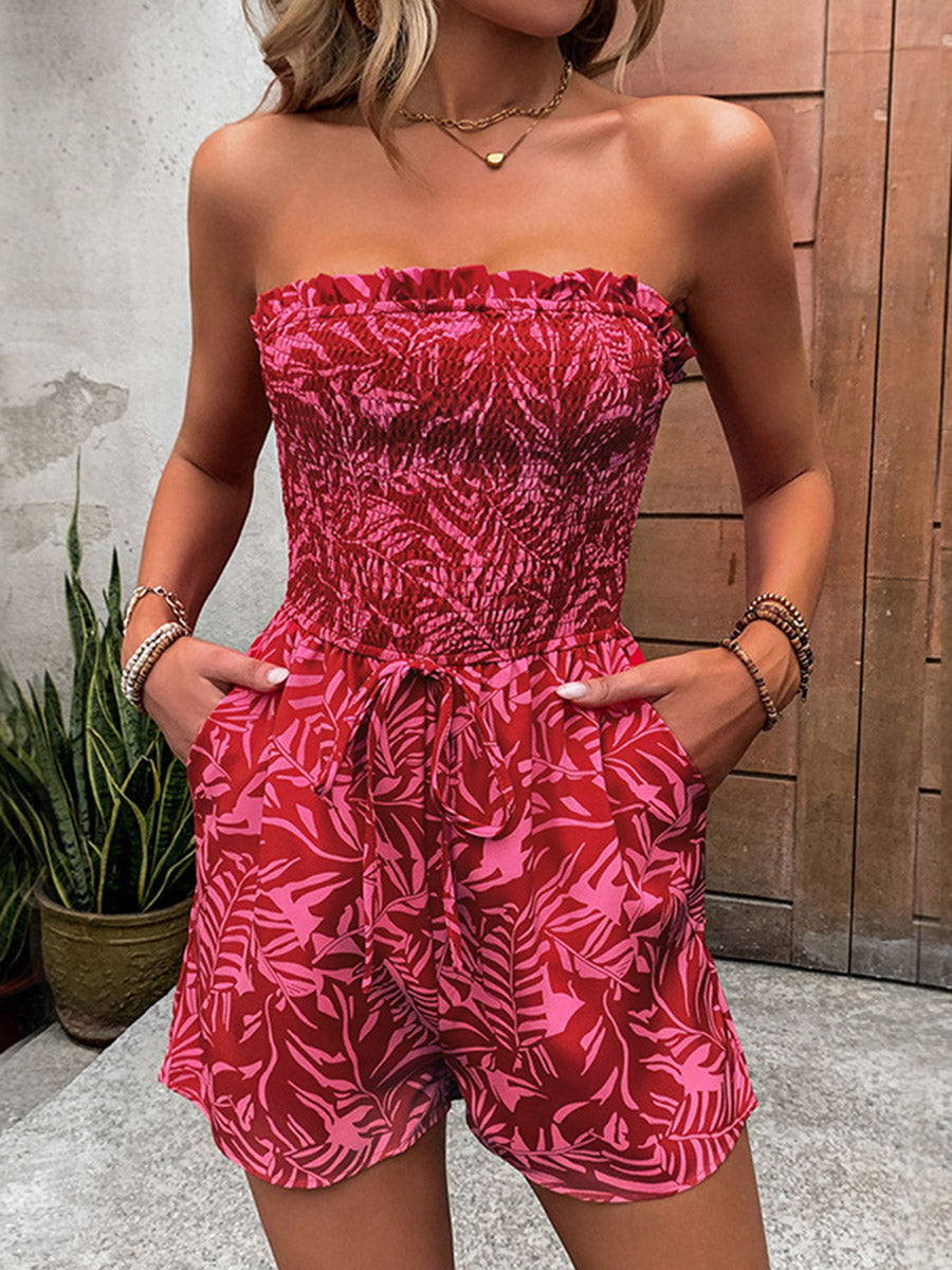 Sleeveless Leaves Print Pleated Pockets Solid Color Split-Joint Tied Waist Tube Rompers