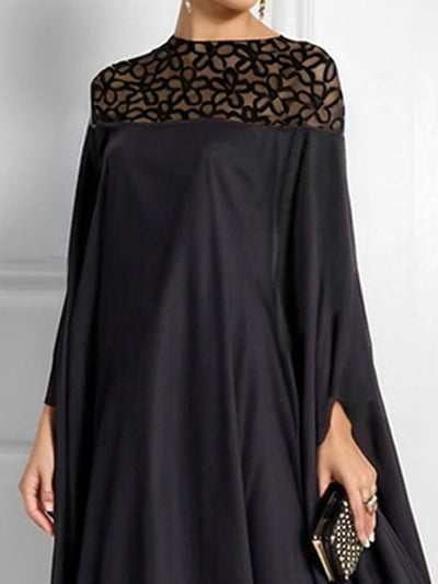 Batwing Sleeves Loose Jacquard See-Through Solid Color Split-Joint Three-Dimensional Flower Round-Neck Maxi Dresses