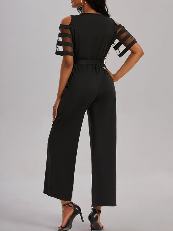 High Waisted Loose Hollow Mesh Solid Color Tied Waist V-Neck Jumpsuits