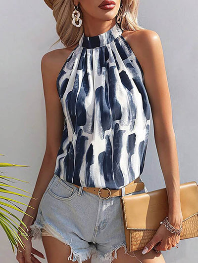 Loose Sleeveless Contrast Color Hollow Pleated Halter-Neck Vest Top