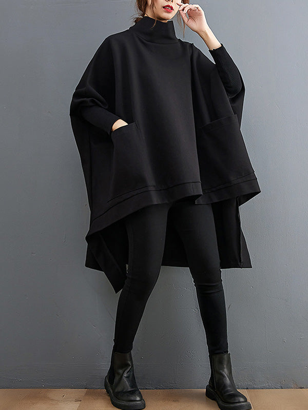 Urban Solid Color High-Neck High-Low Sweatshirt Top