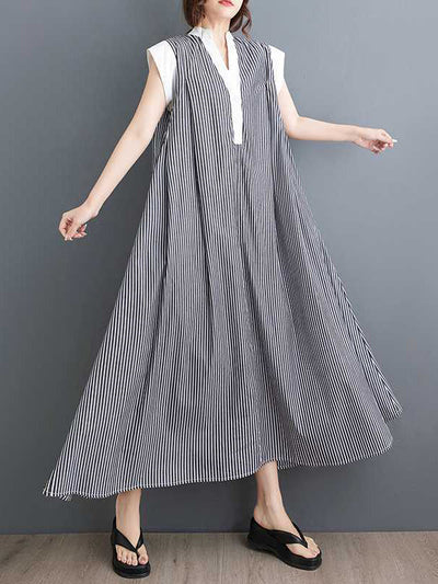 Cap Sleeve Loose Buttoned Striped Lapel Maxi Dresses Shirt Dress