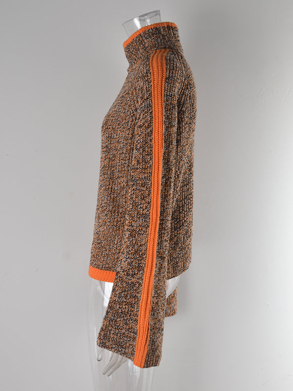 Casual Long Sleeves Loose Contrast Color Half Turtleneck Sweater Tops