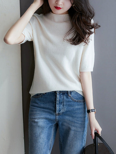 Simple Solid Color Round-Neck Short Sleeves Sweater