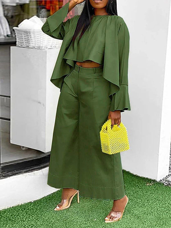 High-Low Loose Pleated Solid Color Split-Joint Round-Neck Blouses&Shirts Tops