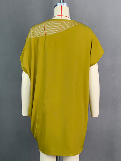 Loose Raglan Sleeve Mesh Split-Joint Round-Neck Mini Dresses