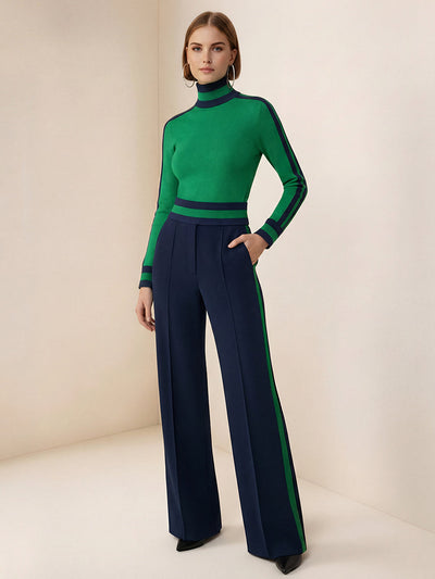 Long Sleeves Skinny Contrast Color Split-Joint Striped High Neck T-Shirts Tops