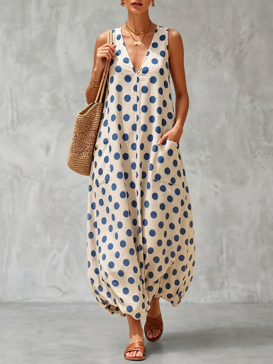 Loose Sleeveless Contrast Color Pockets Polka-Dot V-Neck Maxi Dresses