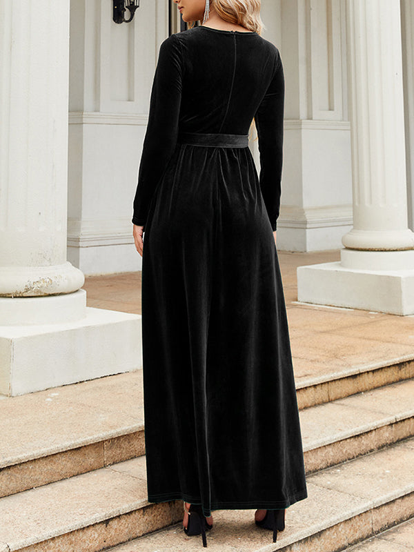 Long Sleeves Wrap Belted Pleated Solid Color Zipper Round-Neck Maxi Dresses