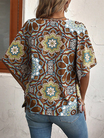 Batwing Sleeves Loose Buttoned Flower Print V-Neck Blouses&Shirts Tops