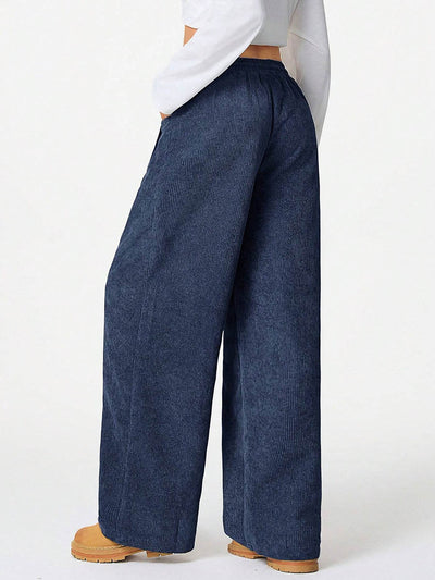 High Waisted Wide Leg Drawstring Elasticity Pockets Solid Color Pants Trousers