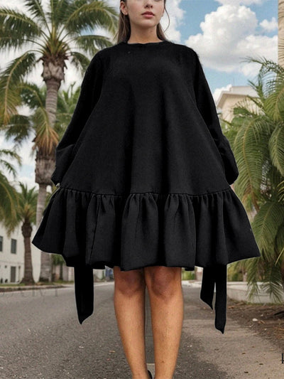 Long Sleeves Loose Falbala Solid Color Stand Collar Mini Dresses