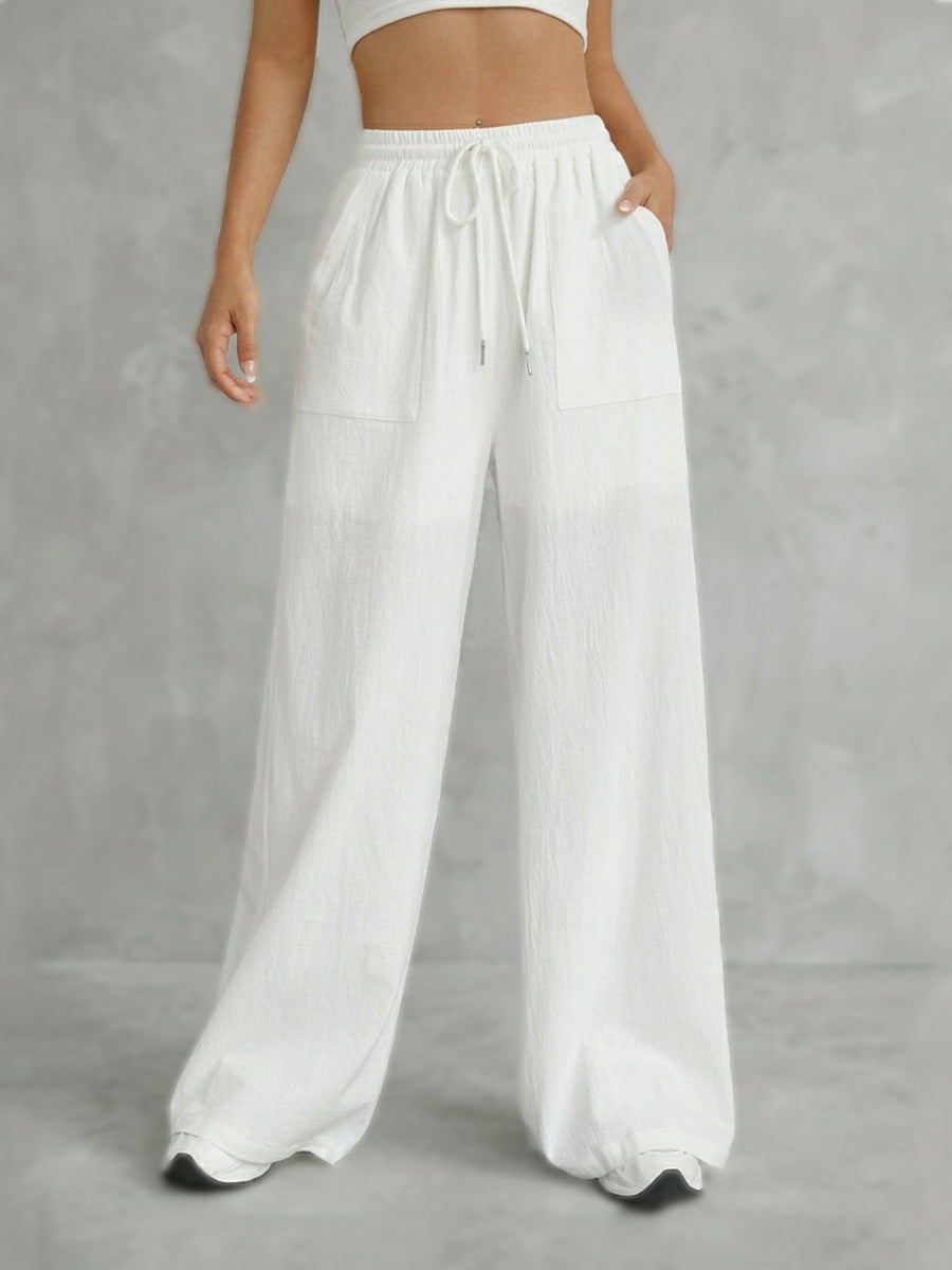High Waisted Wide Leg Elasticity Pleated Pockets Solid Color Tied Waist Pants Trousers