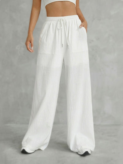 High Waisted Wide Leg Elasticity Pleated Pockets Solid Color Tied Waist Pants Trousers