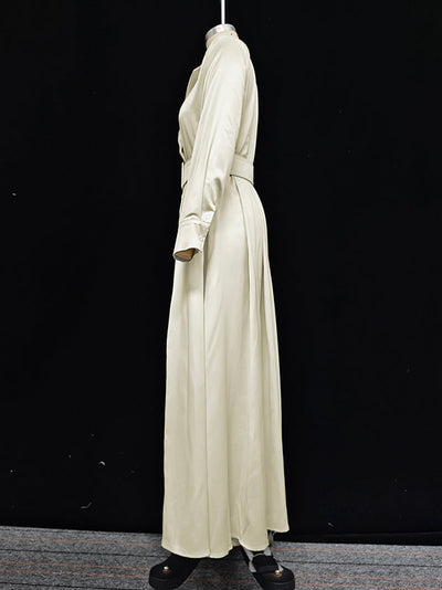 Long Sleeves Loose No Belt Solid Color Notched Collar Maxi Dresses