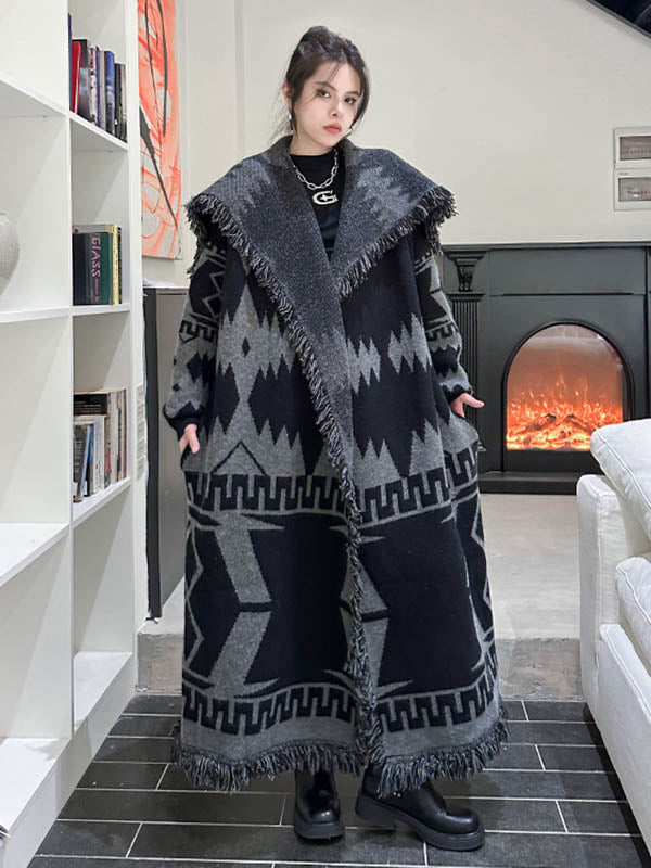 Long Sleeves Loose Contrast Color Geometric Split-Joint Tasseled Lapel Outerwear Overcoat