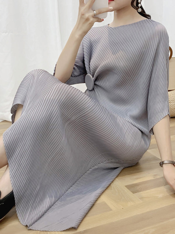 Half Sleeves Irregular Clipping Pleated Solid Color Round-Neck Midi Dresses