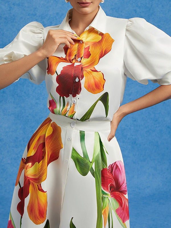 Loose Puff Sleeves Floral Printed Pleated Split-Joint Lapel Blouses&Shirts Tops