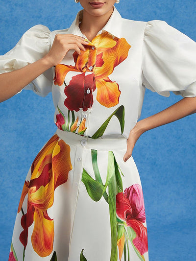 Loose Puff Sleeves Floral Printed Pleated Split-Joint Lapel Blouses&Shirts Tops