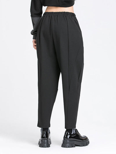 Harem Pants Loose Elasticity Pleated Pockets Solid Color Split-Joint Pants