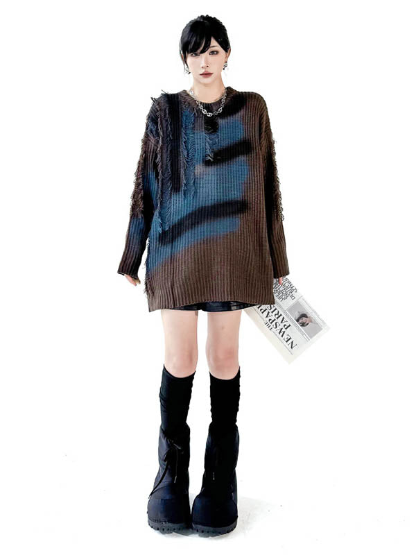 Irregularity Long Sleeves Abstract Printed Asymmetric Contrast Color Split-Joint Tasseled Round-Neck Sweater Tops