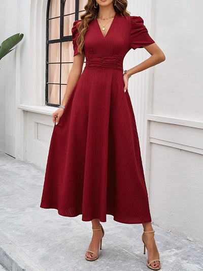 A-Line High Waisted Pleated Solid Color Zipper V-Neck Maxi Dresses