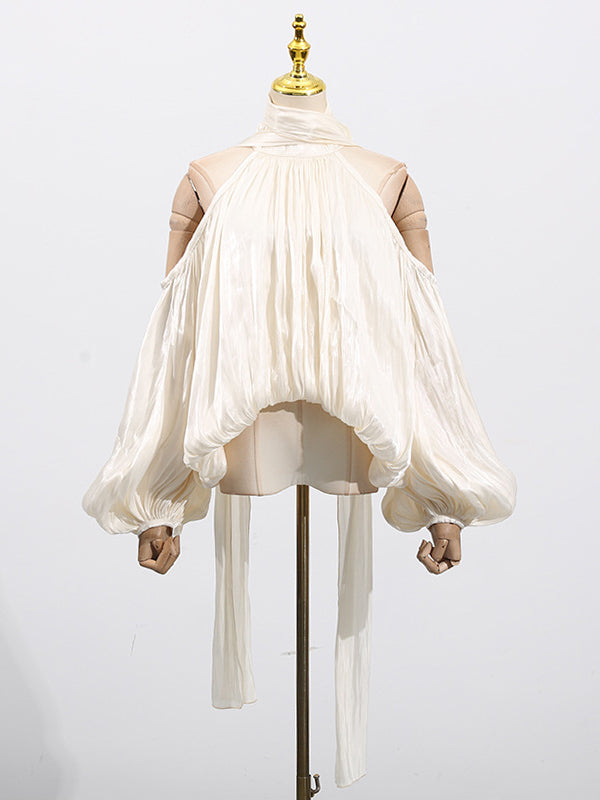 Long Sleeves Loose Pleated Solid Color Tied Halter-Neck Blouses&Shirts Tops