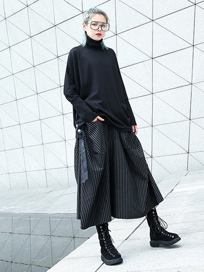 High Waisted Loose Elasticity Pockets Striped Culotte Pants