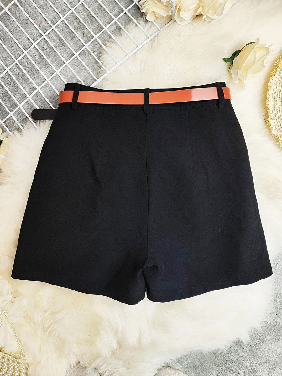 High Waisted Loose Belted Solid Color Shorts Suit Pants
