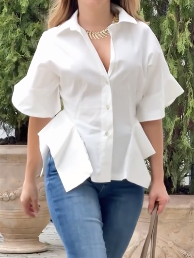 Half Sleeves Loose Buttoned Solid Color Lapel Blouses&Shirts Tops