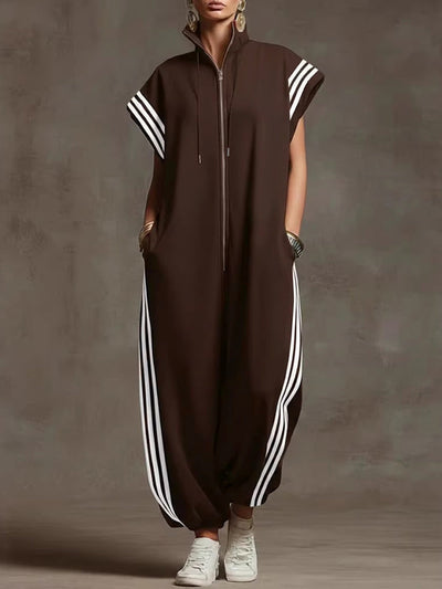 Loose Plus Size Contrast Color Pockets Split-Joint Striped Zipper Stand Collar Jumpsuits Ninth Pants