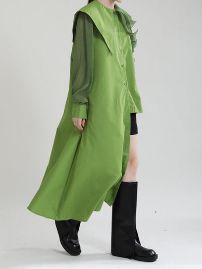 Long Sleeves Loose Asymmetric Pleated Solid Color Split-Joint Falbala Lapel Blouses&Shirts Tops