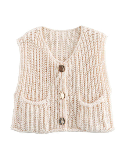 Loose Sleeveless Buttoned Pockets V-Neck Vest Outerwear