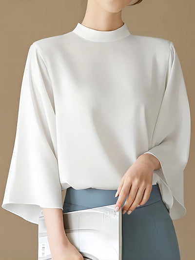 Flared Sleeves Loose Pleated Solid Color Split-Joint Stand Collar Blouses&Shirts Tops