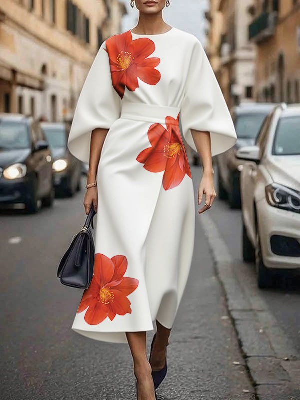 Three-Quarter Sleeves Asymmetric Floral Printed Split-Joint Round-Neck Midi Dresses