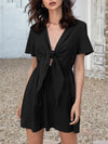 A-Line Loose Elasticity Knot Pleated Solid Color Deep V-Neck Mini Dresses