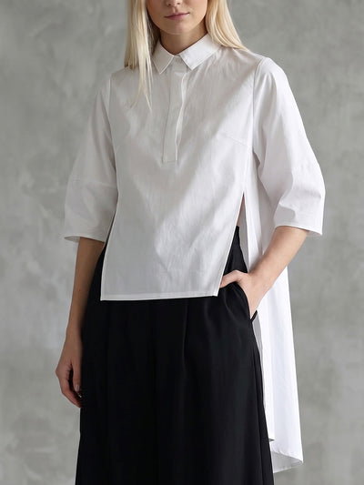 Half Sleeves High-Low Buttoned Solid Color Split-Joint Lapel Blouses&Shirts Tops