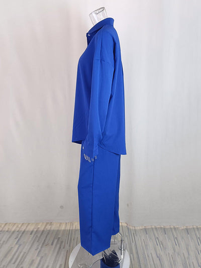 Long Sleeves Buttoned Pockets Solid Color Lapel Shirts Top + Elasticity High Waisted Pants Bottom Two Pieces Set