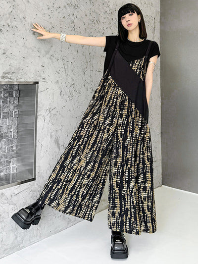 Loose Sleeveless Asymmetric Contrast Color Printed Split-Joint Spaghetti-Neck Overalls