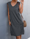 A-line Loose Pleated Solid Color Split-Joint V-neck Midi Dresses