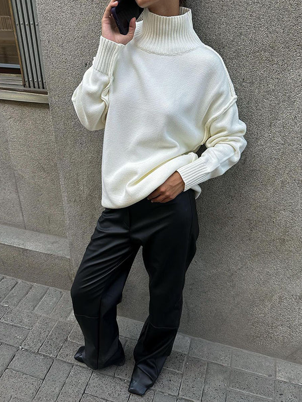 Long Sleeves Loose Solid Color Split-Joint High Neck Pullovers Sweater Tops