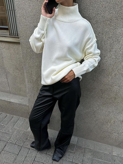 Long Sleeves Loose Solid Color Split-Joint High Neck Pullovers Sweater Tops